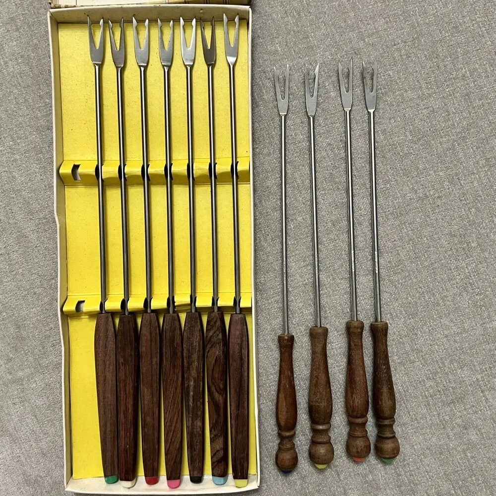 VTG MCM Teak Handle Stainless Fondue Forks Original Box 11 Pcs Made In Japan EXC